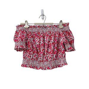 J Crew Liberty Womens Pink Red Berries Ruffle Smocked Crop Blouse Size Small